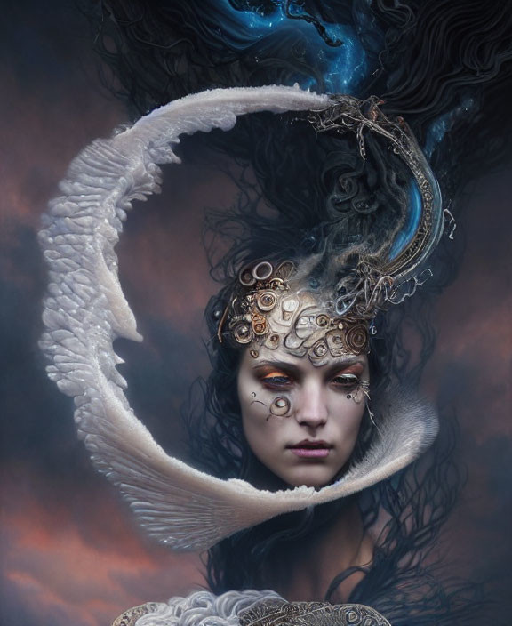 Intricate surreal portrait with ornate headgear and celestial elements