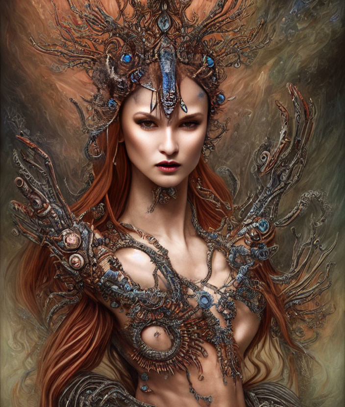 Intricate metallic headpiece and armor on woman with flowing red hair