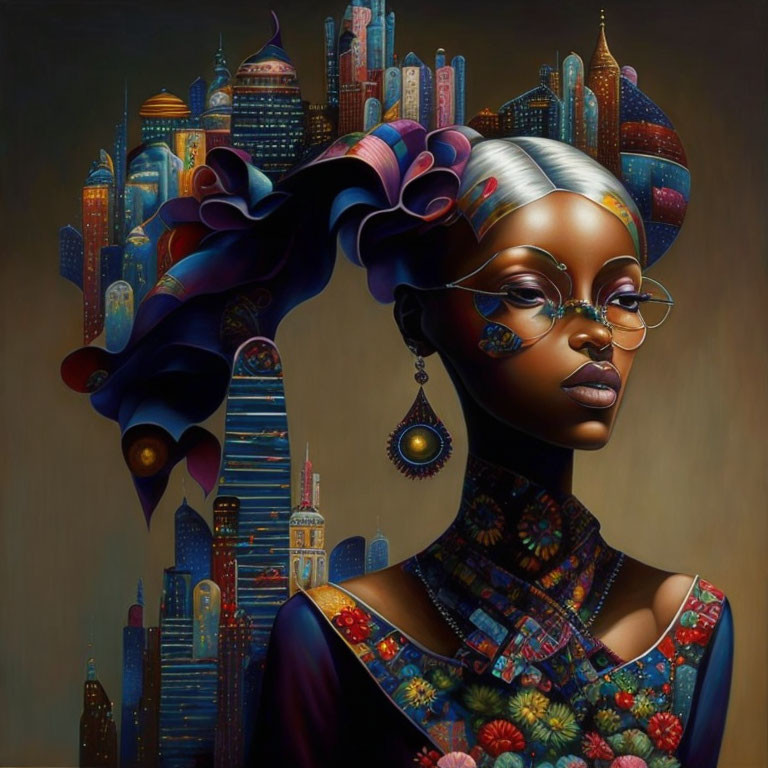 Futuristic portrait of a woman with cityscape headdress and round glasses