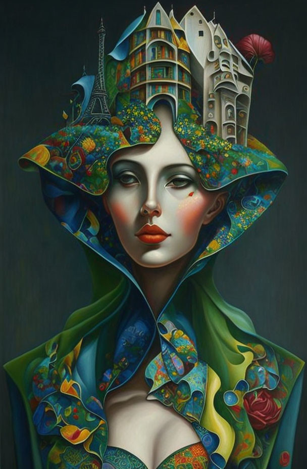 Surreal portrait of a woman with Eiffel Tower headdress and whimsical buildings under star