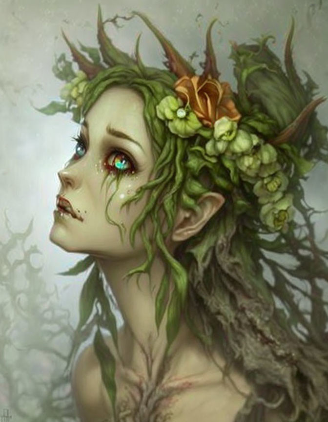 Fantastical portrait of female creature with greenery in hair and vivid green eyes