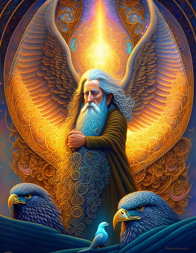 Mystical artwork of elderly man with eagles under starry sky
