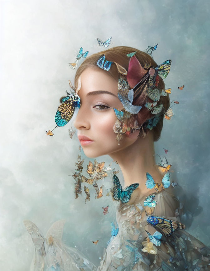 Woman surrounded by butterflies in dreamy atmosphere