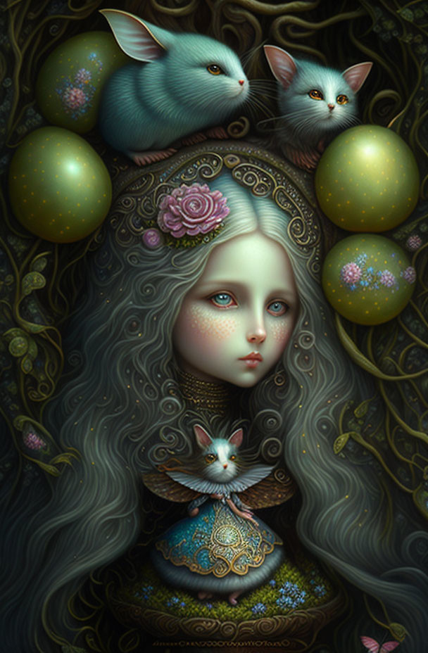 Whimsical portrait of woman with grey-blue eyes and rabbit-like animals in golden egg setting