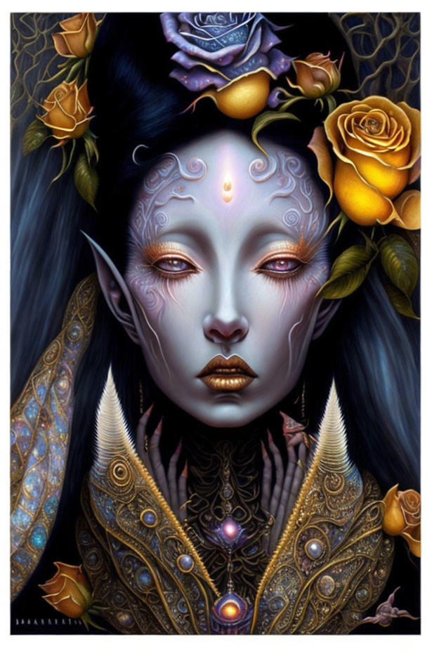 Illustrated portrait of ethereal being with pointed ears, facial tattoos, golden roses, and ornate