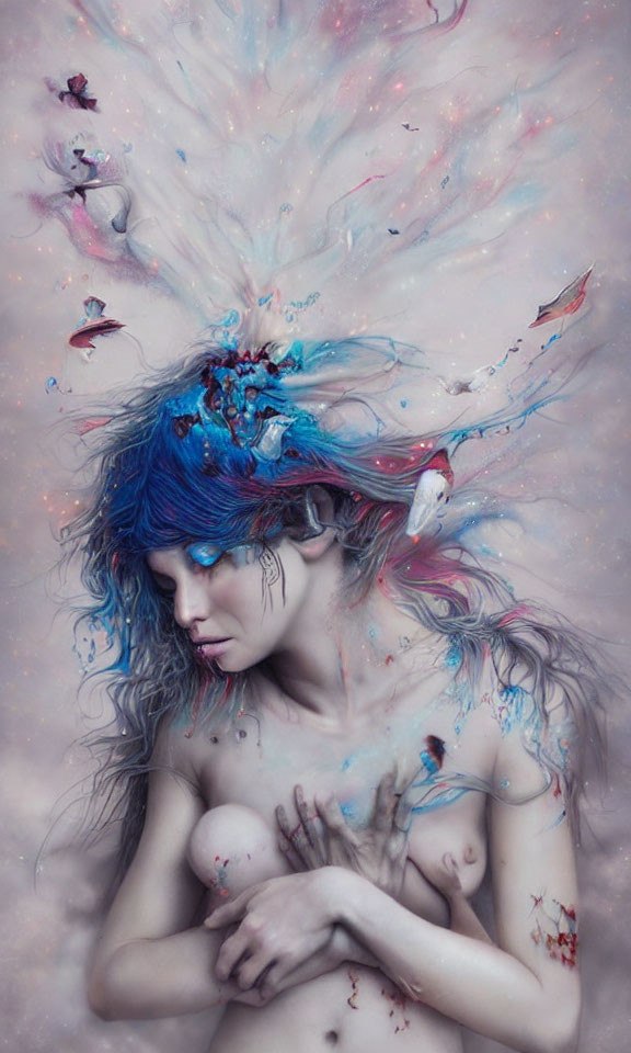 Blue-haired woman with ethereal makeup surrounded by colorful, paint-like splashes.