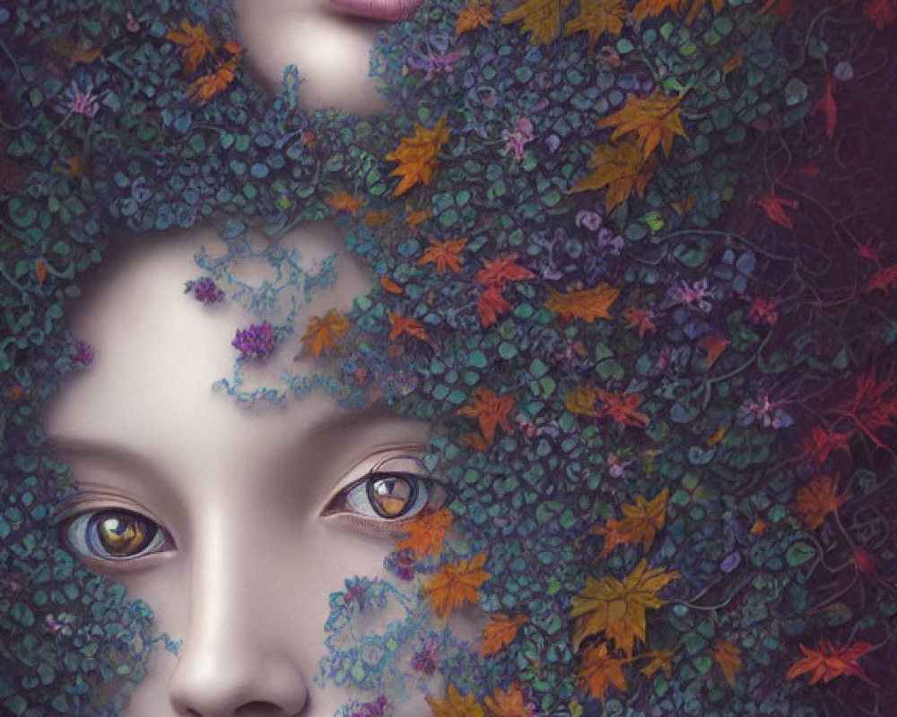 Digital Artwork: Two Female Faces Among Colorful Foliage and Flowers