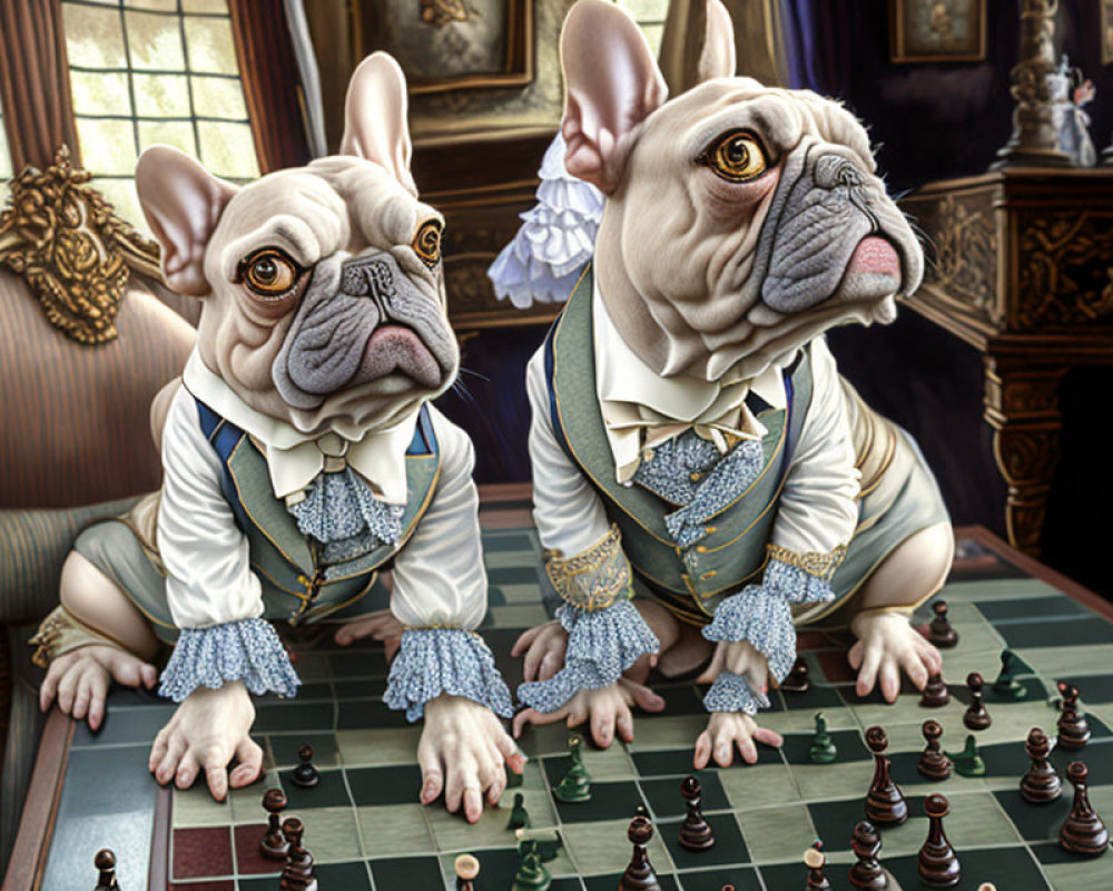Historical cartoon bulldogs playing chess in ornate room