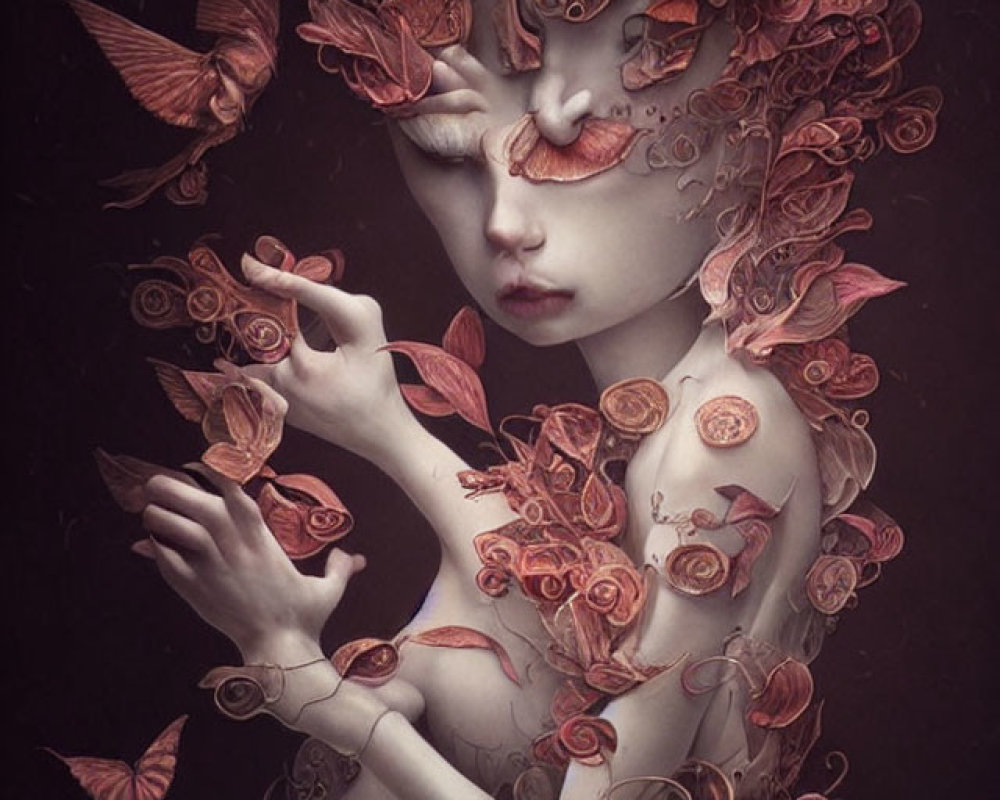 Intricate floral and butterfly details on surreal portrait