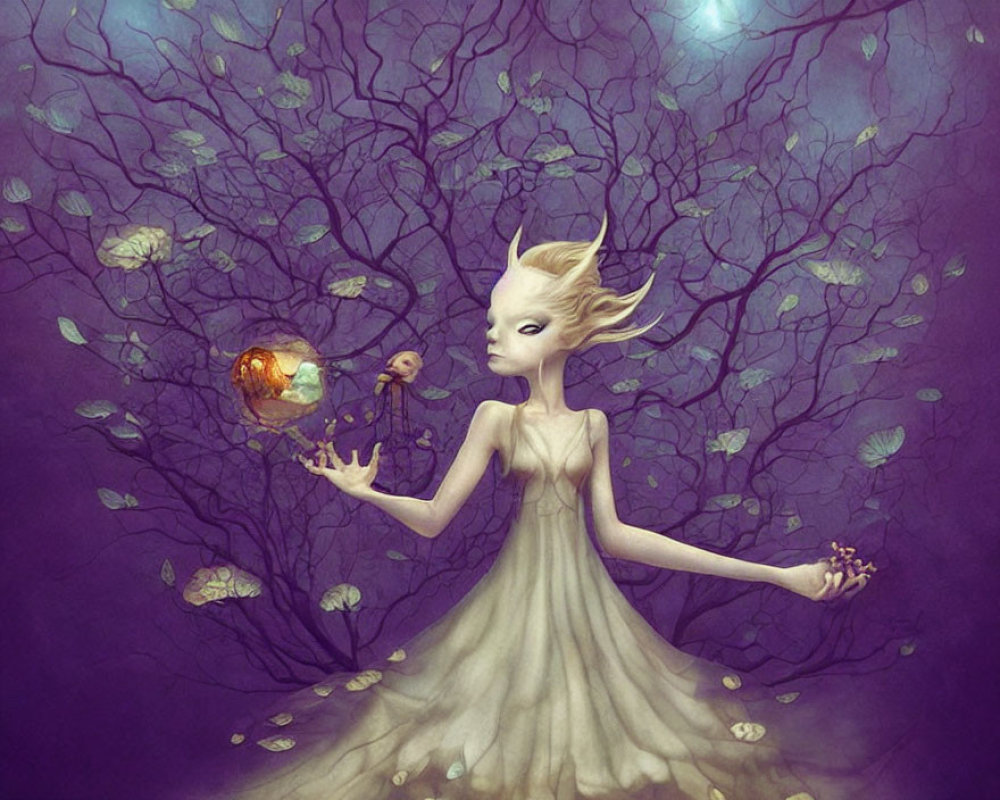 Fantasy illustration of tree-like humanoid with glowing orb in violet setting