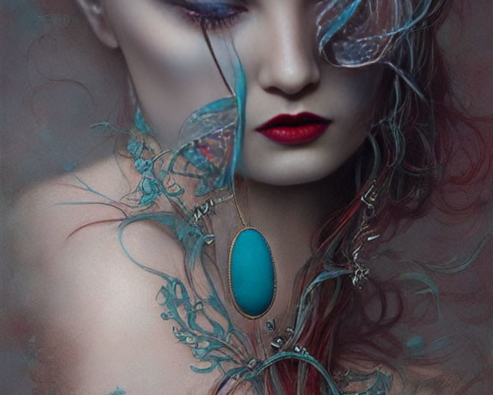 Digital artwork featuring woman with red hair, turquoise jewelry, intricate vines, dreamy atmosphere
