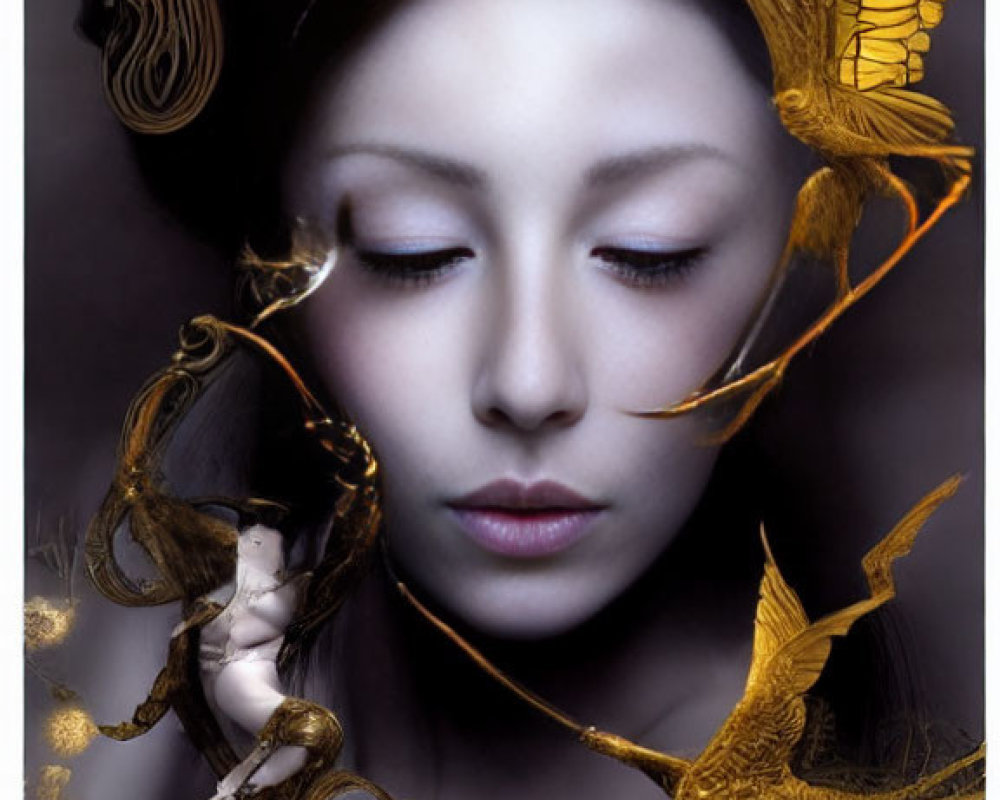 Serene woman with closed eyes in golden headdress on dark background