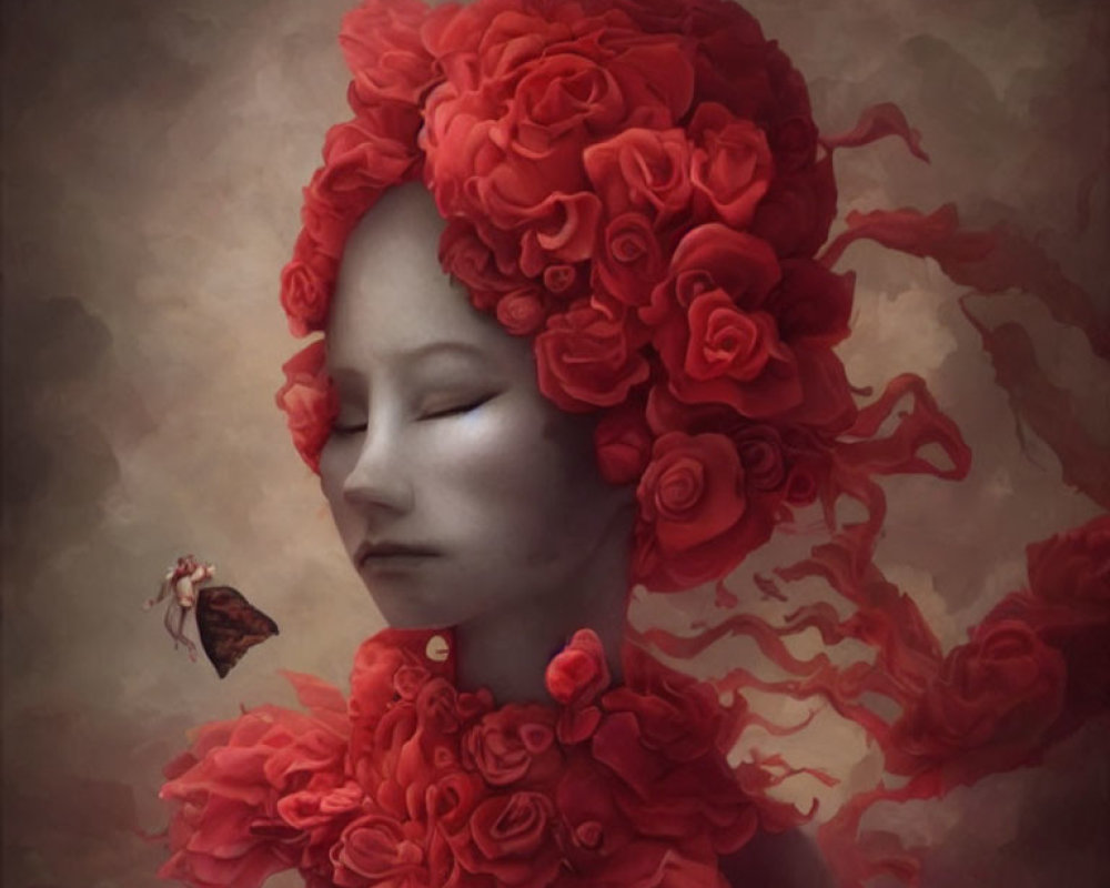 Surreal portrait of person in red rose gown with butterfly