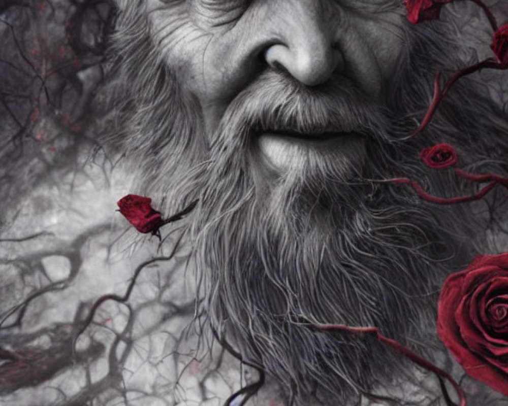 Elder man's face blends with tree branches and red roses in misty scene