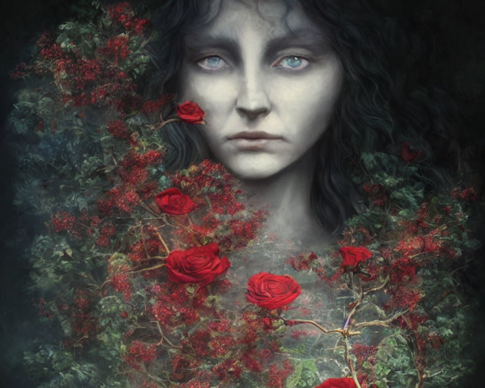 Surreal portrait of woman with blue eyes and red roses merging.