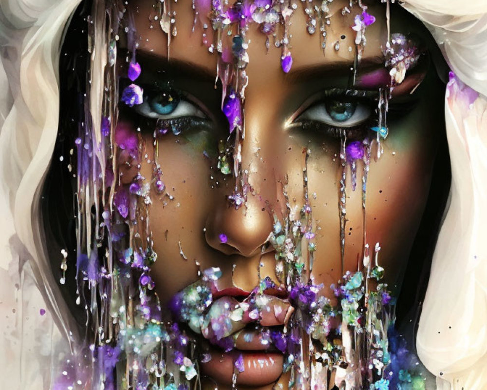 Digital artwork: Woman's face with jewel-toned flowers and beads