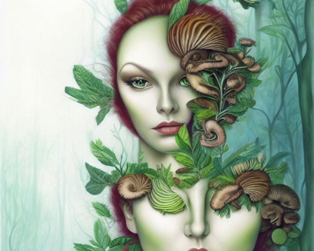 Illustration of woman with red hair and green skin in mystical forest setting