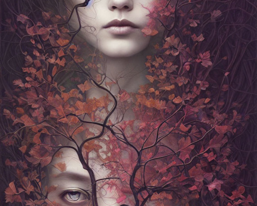 Surreal portrait featuring intertwined autumn leaves and mushroom on two faces