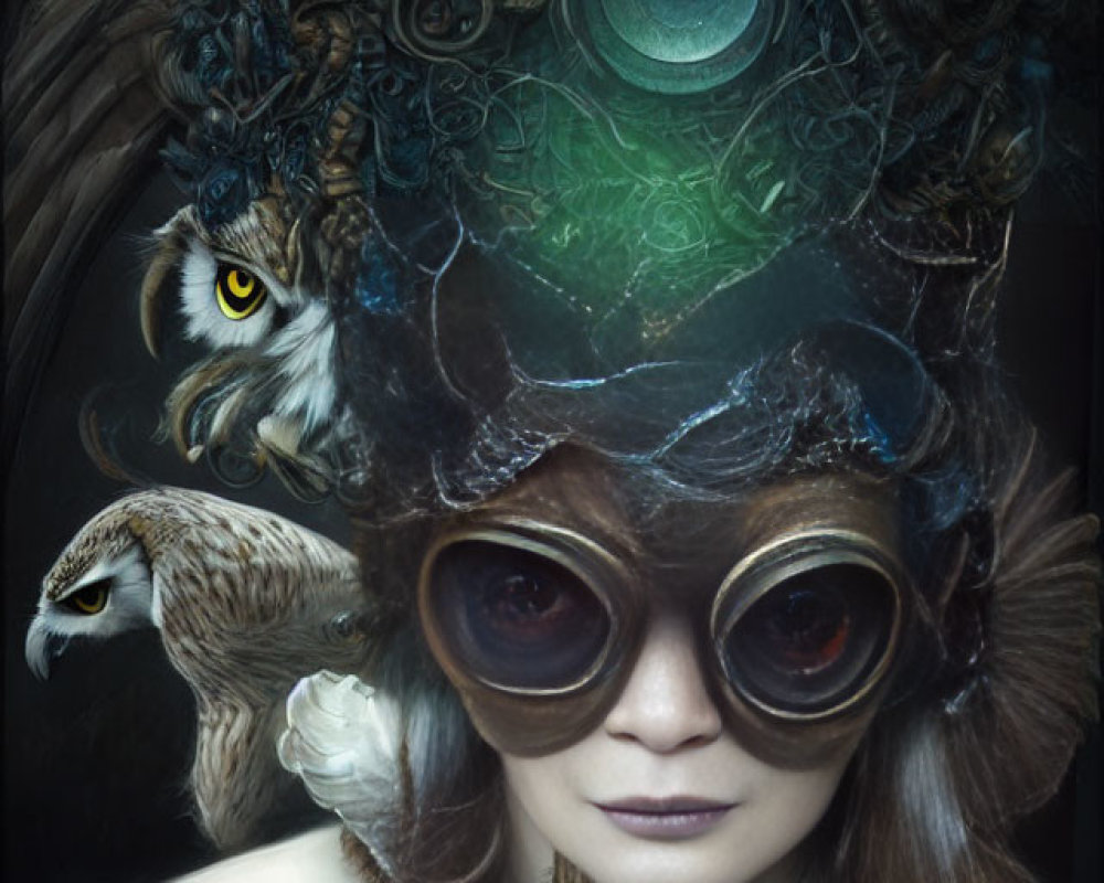 Steampunk-themed person with owl headdress and live owl.