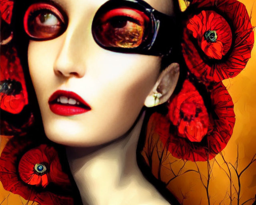 Portrait of woman with pale skin, red lips, and round sunglasses surrounded by red poppies on orange