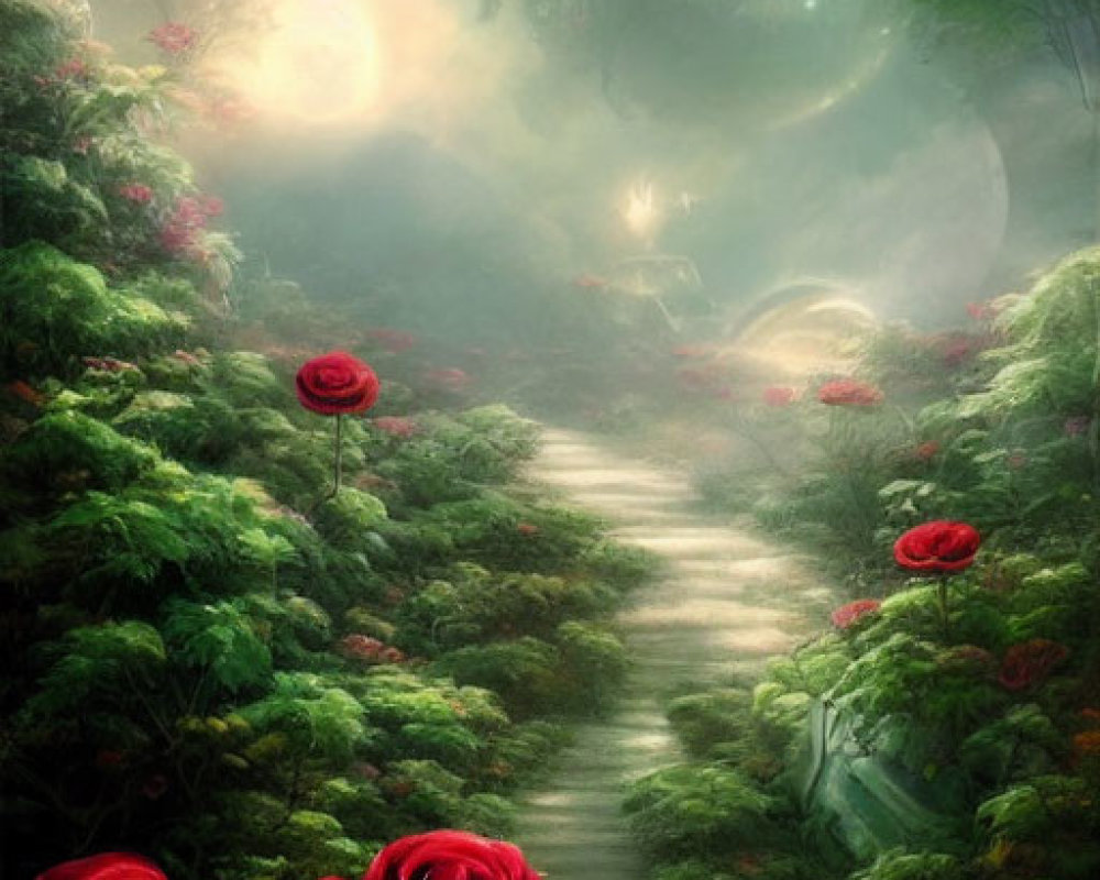Enchanting forest path with red roses, lush greenery, and celestial light.