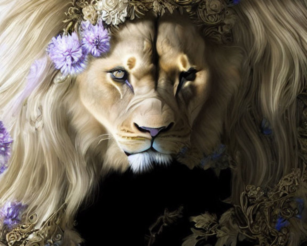 Majestic lion with floral mane on black background