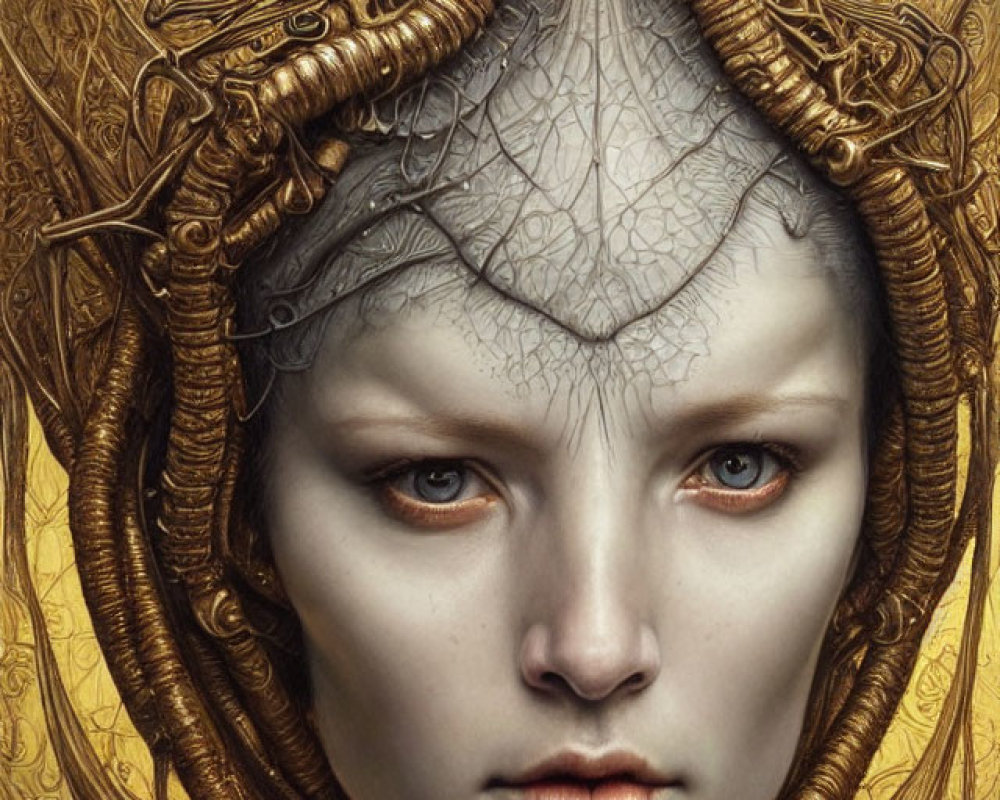Detailed Artistic Portrayal of Female Figure with Pale Skin and Golden Mechanical Headdress