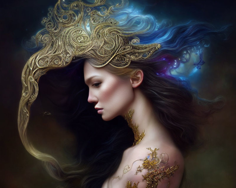 Ornate Gold Headpiece Woman with Flowing Hair in Mystical Cloud