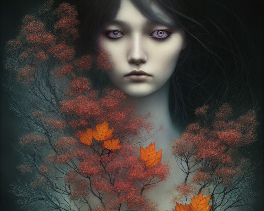 Woman with Autumn Leaves Hair in Dark Background with Purple Eyes