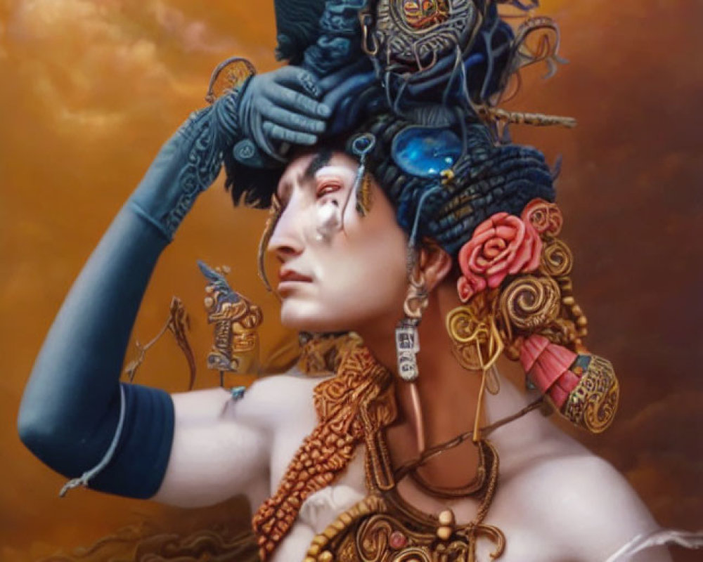 Elaborate metallic headdress with intricate designs and jewelry on orange cloudy backdrop