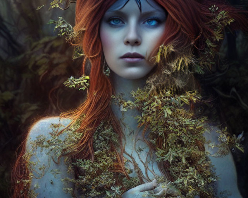 Woman in mystical forest with red hair and blue eyes surrounded by foliage