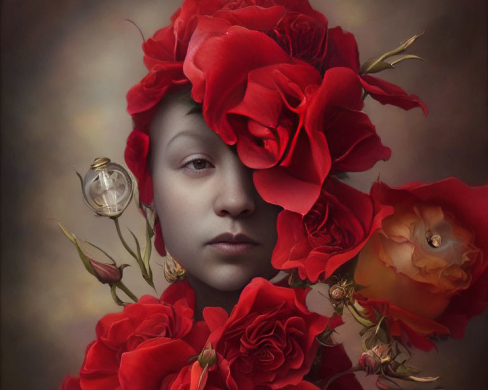 Portrait of person with red roses and buds, serene expression, and light bulb element
