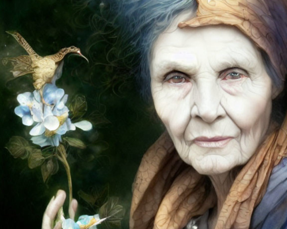 Elder lady with blue eyes in tree branch hat holds flower with bird in green backdrop