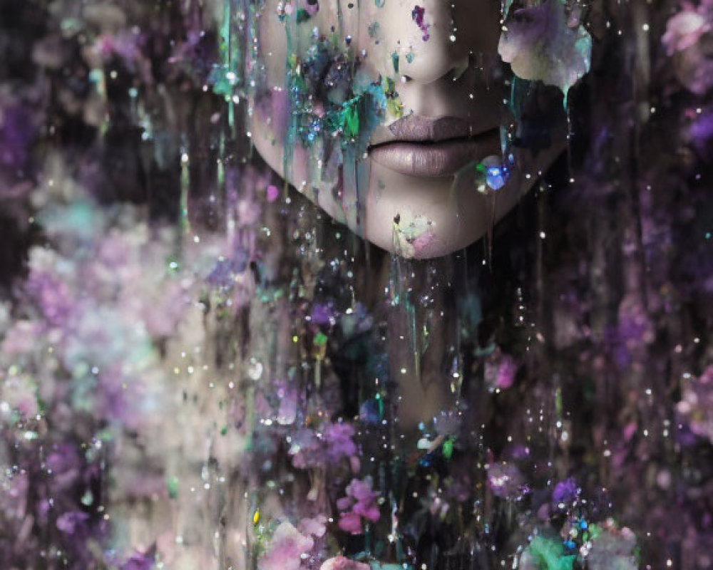 Surreal portrait of person's face with closed eyes and cascading flowers in dreamlike blend