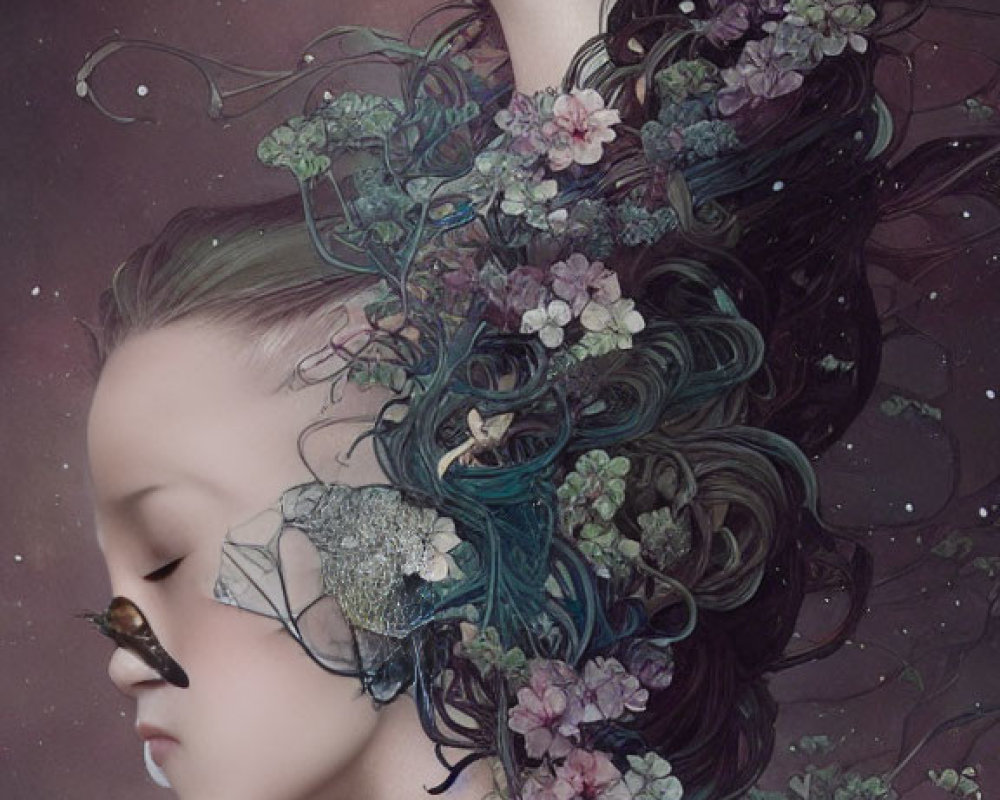 Surreal art of intertwined female profiles with flowers and wavy hair