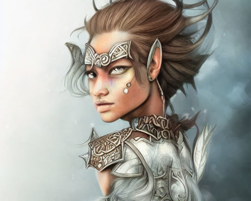 Illustration of female warrior in silver armor with face paint, misty backdrop
