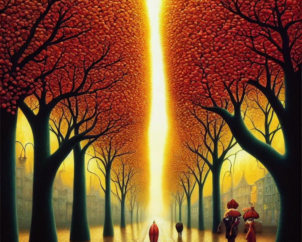 Colorful painting of a misty street with red-leafed trees and people holding umbrellas.