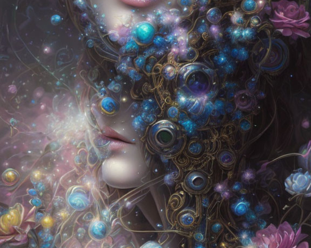 Fantastical portrait of woman with cosmic and floral elements blending in skin