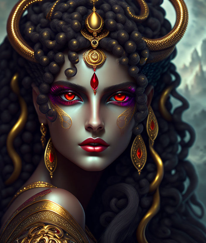 Digital artwork featuring woman with intricate jewelry, curly hair, golden horns, and mystical red eyes.