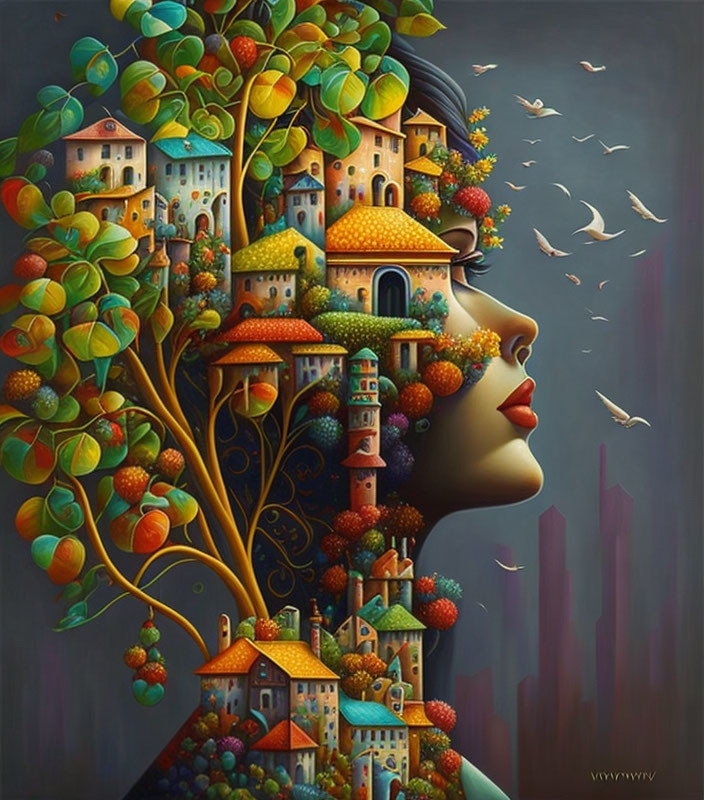 Illustration of woman's profile merging with surreal cityscape and birds
