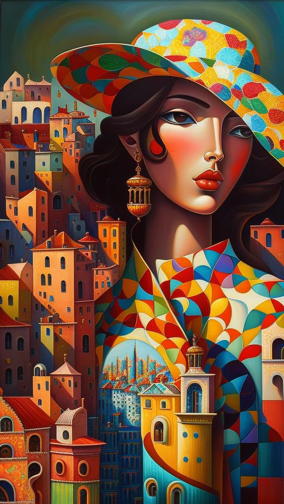 Colorful Hat Woman Portrait in Geometric Attire Against European Town Background
