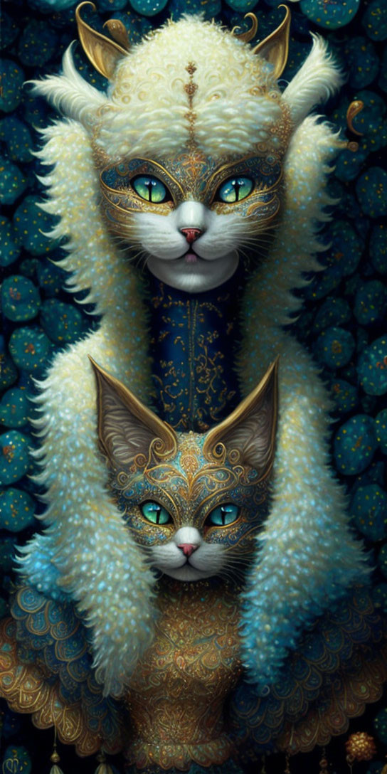 Intricately designed fantasy cats with golden patterns on dark background