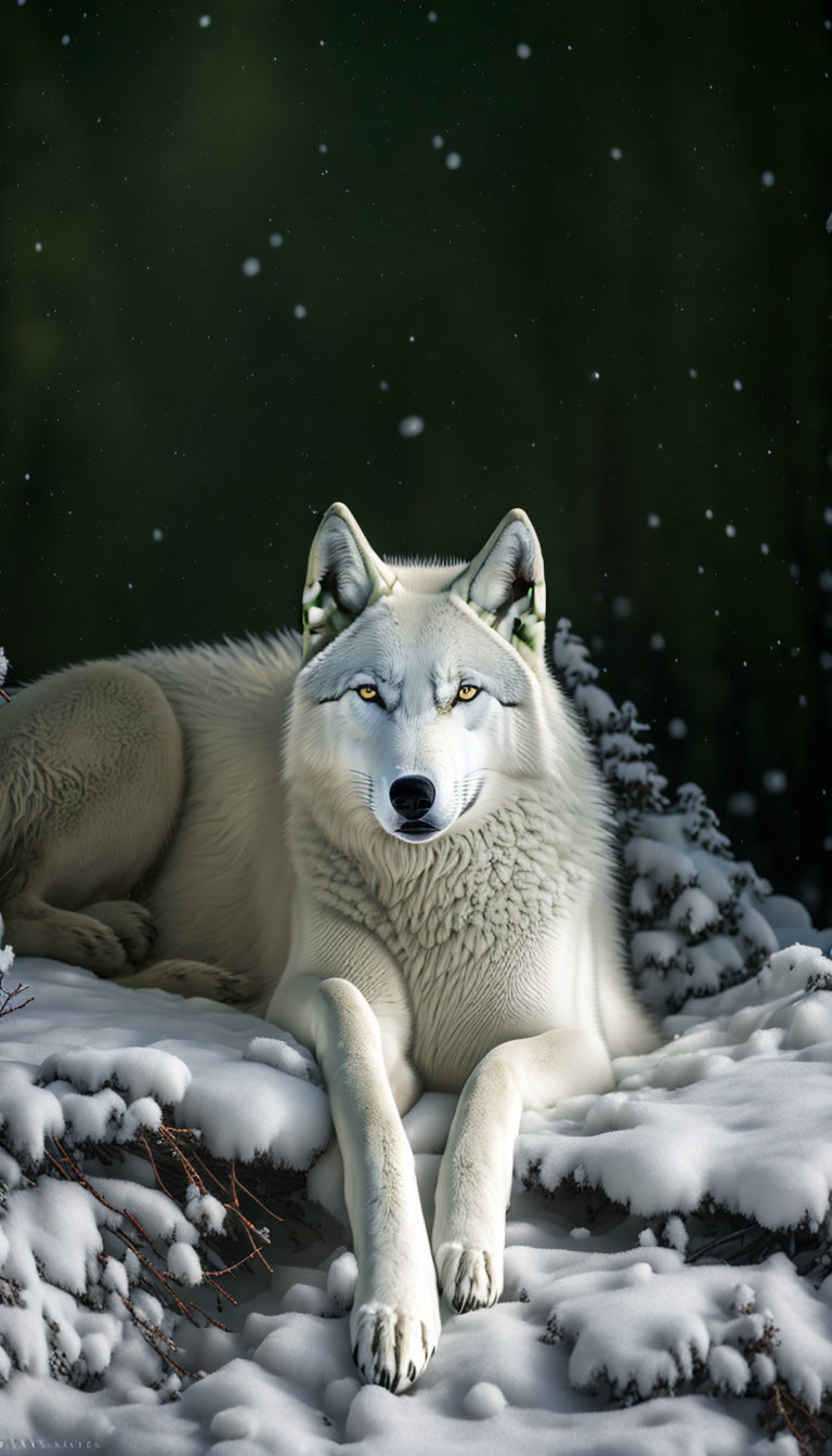 White Wolf Resting in Snowy Forest Scene
