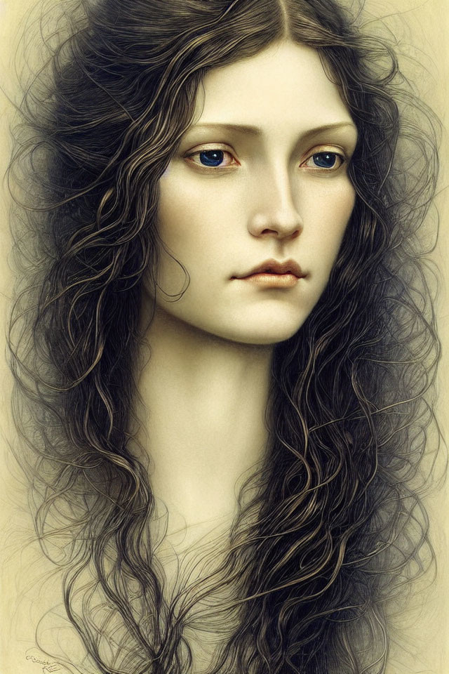 Detailed Illustration: Woman with Wavy Hair, Fair Skin, Heterochromatic Eyes