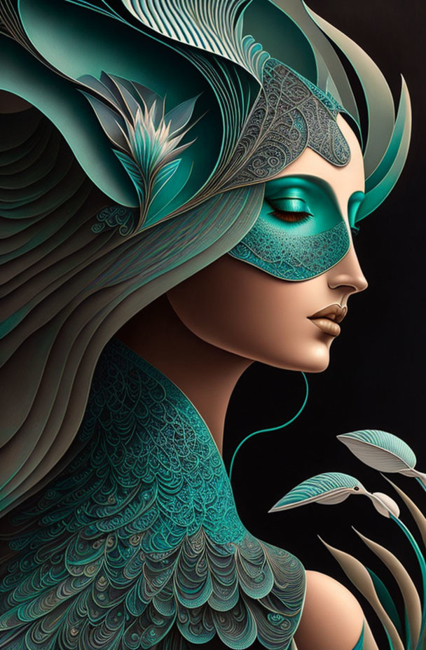 Digital illustration featuring woman with teal feathers, metal headwear, and masquerade mask in abstract foliage
