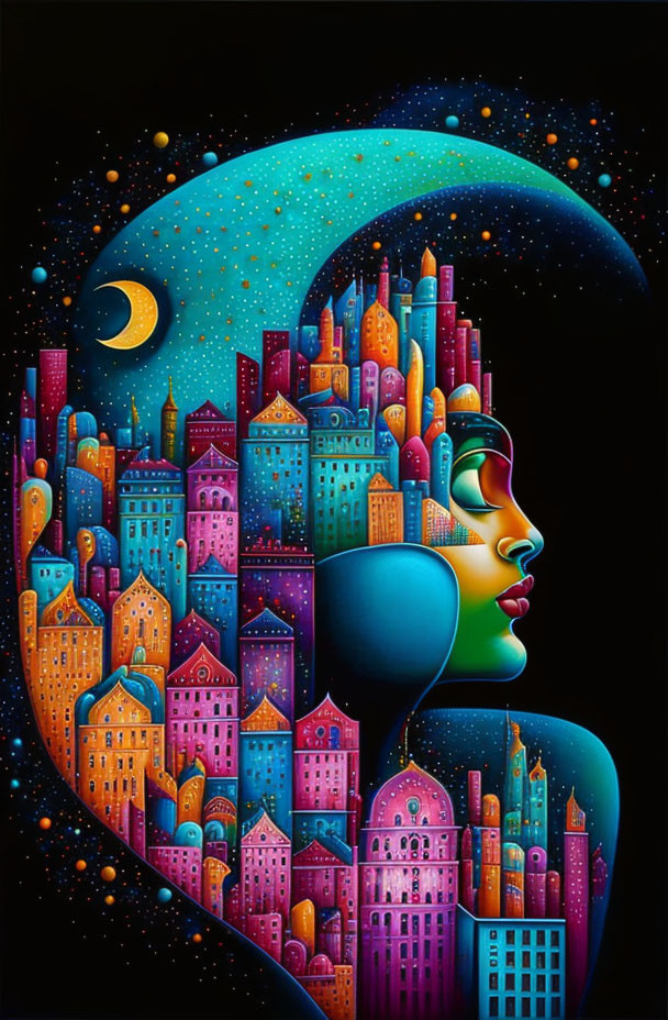 Vibrant woman's profile with cityscape and cosmic elements