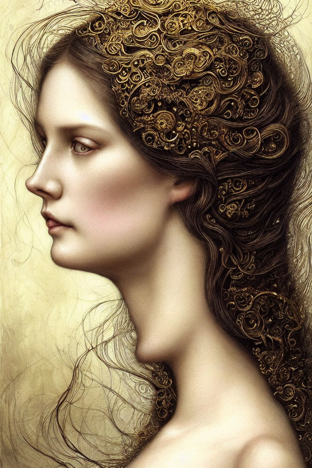 Profile portrait of woman with intricate golden hair ornamentation.