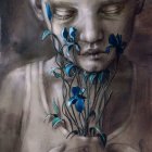 Surreal artwork: Two faces, branches, and flowers symbolize growth and connection in a mystical