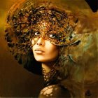 Opulent feathered headdress and golden mask on warm-toned backdrop