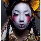Vibrant portrait of person with white face makeup and heart-shaped cheek blush